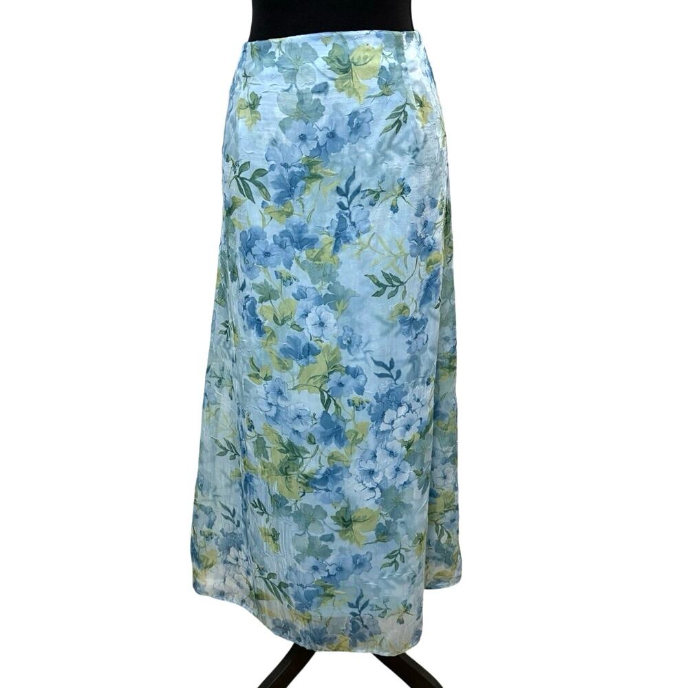 Dressbarn Blue Floral Maxi Skirt Womens M Sheer Overlay Lined Made in USA